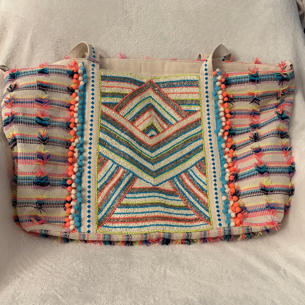 America & Beyond embroidered and bedazzled boho colorful tote bag with pouches